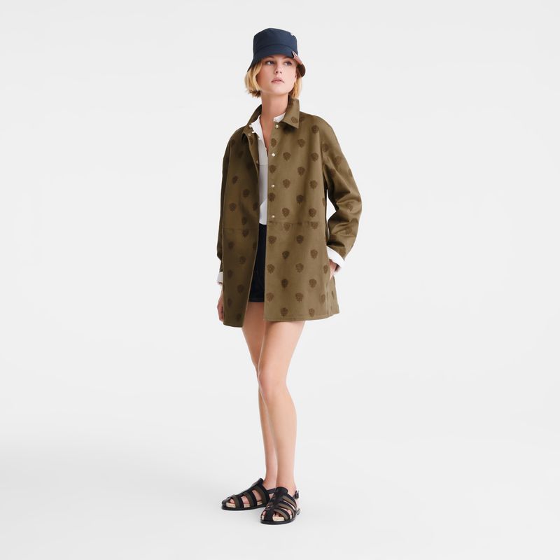 Women Longchamp Embroidered Gabardine Coat Olive | Thailand-386YFCATQ