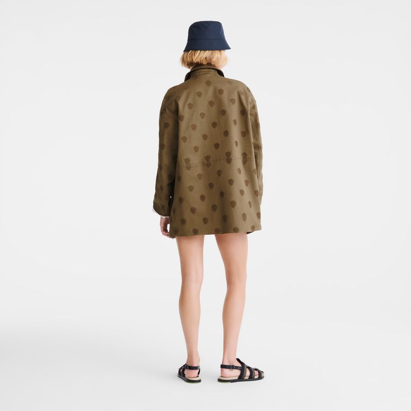 Women Longchamp Embroidered Gabardine Coat Olive | Thailand-386YFCATQ