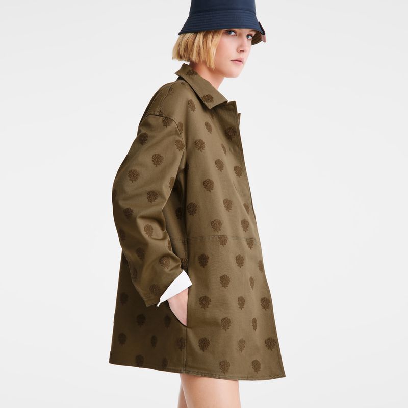 Women Longchamp Embroidered Gabardine Coat Olive | Thailand-386YFCATQ