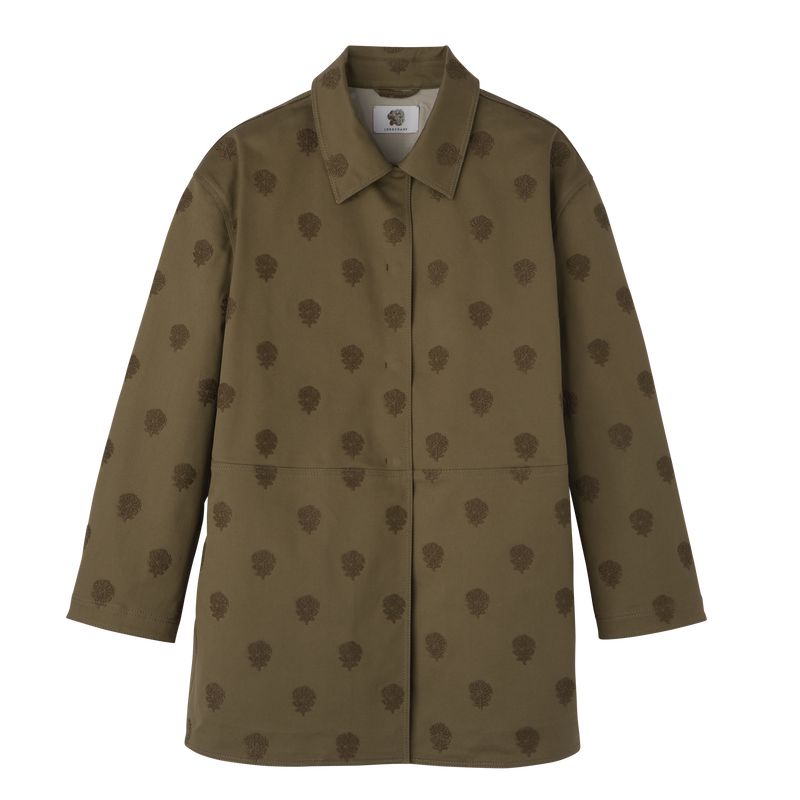 Women Longchamp Embroidered Gabardine Coat Olive | Thailand-386YFCATQ