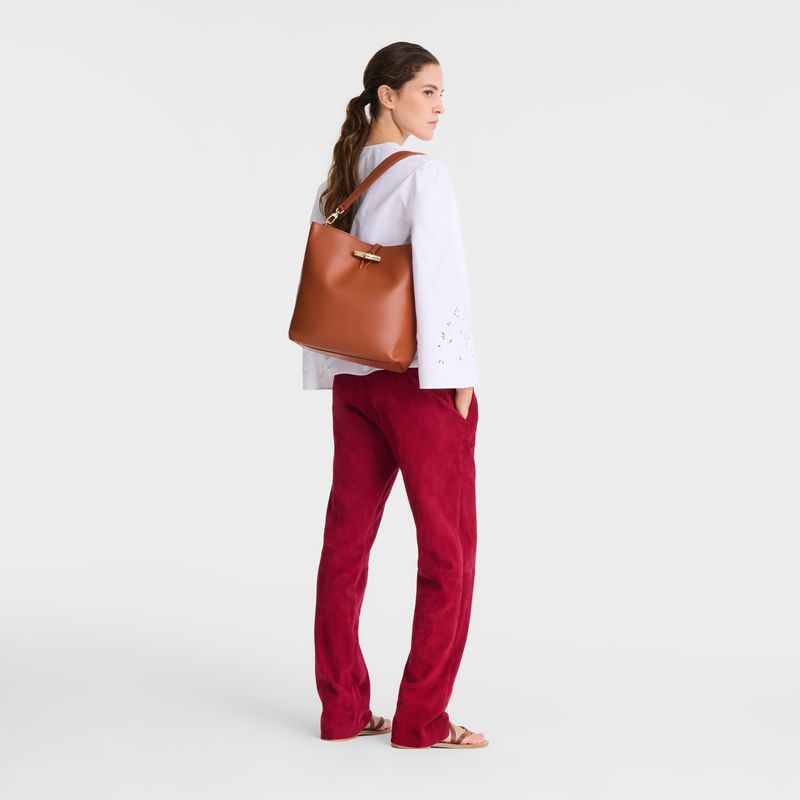 Women Longchamp Le Roseau M Hobo Bag Orange / Cream | Thailand-693GVBKRI