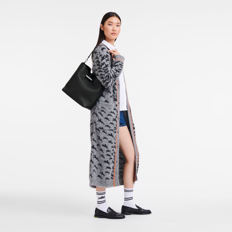 Women Longchamp Le Roseau M Shoulder Bag Black | Thailand-694PBFHEK