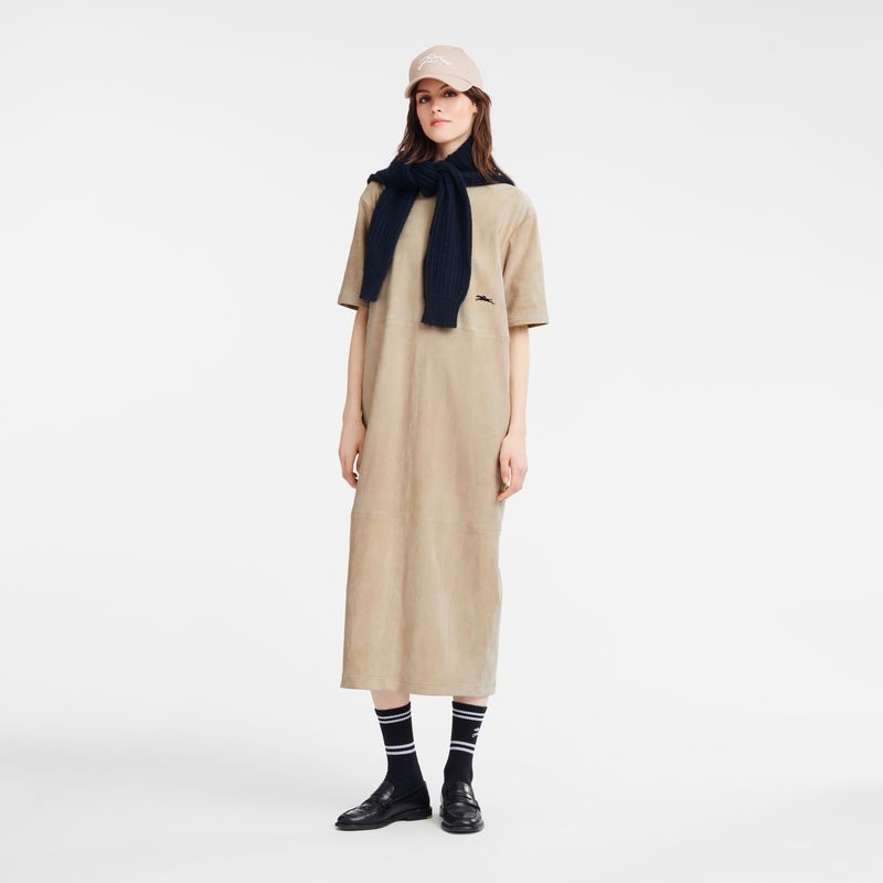 Women Longchamp Leather Long Dress Beige | Thailand-920OXJQCE