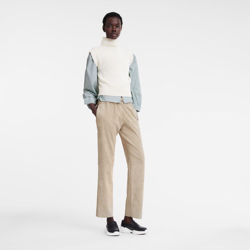 Women Longchamp Leather Straight Pants Beige | Thailand-703QGYJZA
