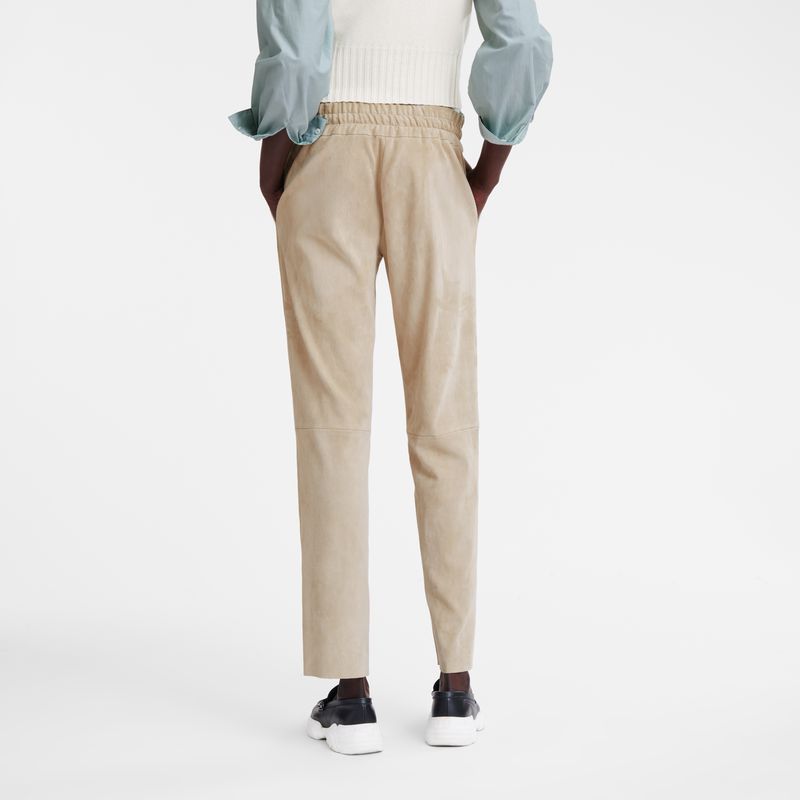 Women Longchamp Leather Straight Pants Beige | Thailand-703QGYJZA