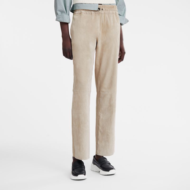 Women Longchamp Leather Straight Pants Beige | Thailand-703QGYJZA