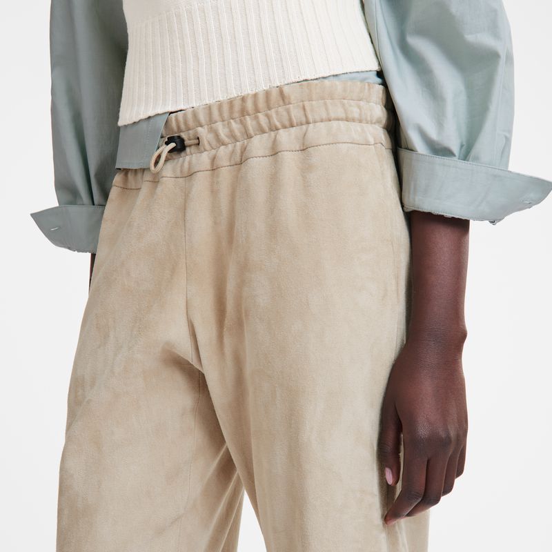 Women Longchamp Leather Straight Pants Beige | Thailand-703QGYJZA
