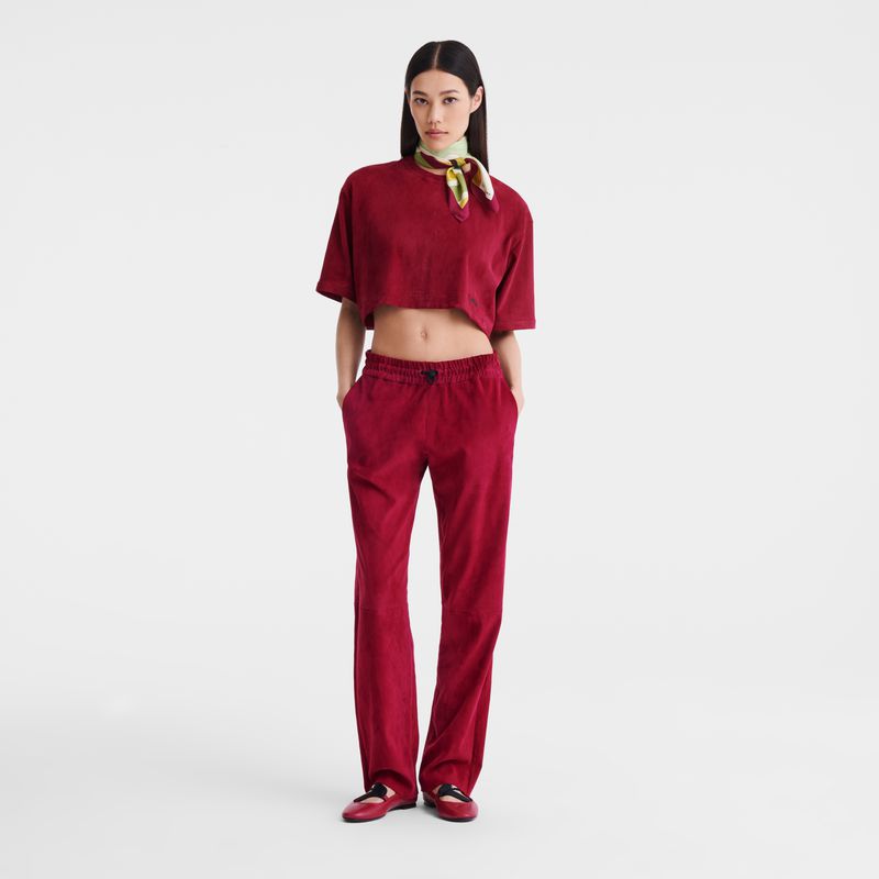 Women Longchamp Leather Straight Pants Dark Red | Thailand-849QWOKST