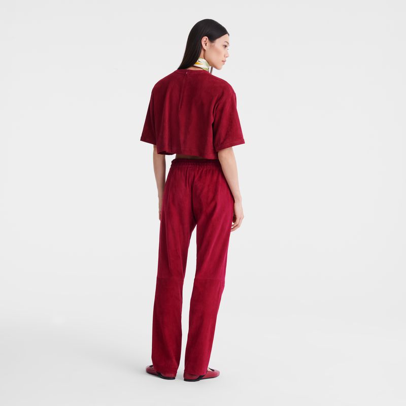 Women Longchamp Leather Straight Pants Dark Red | Thailand-849QWOKST
