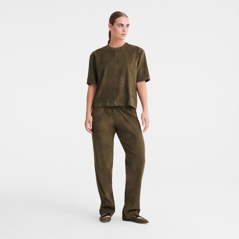 Women Longchamp Leather Straight Pants Khaki | Thailand-170VSPUJY