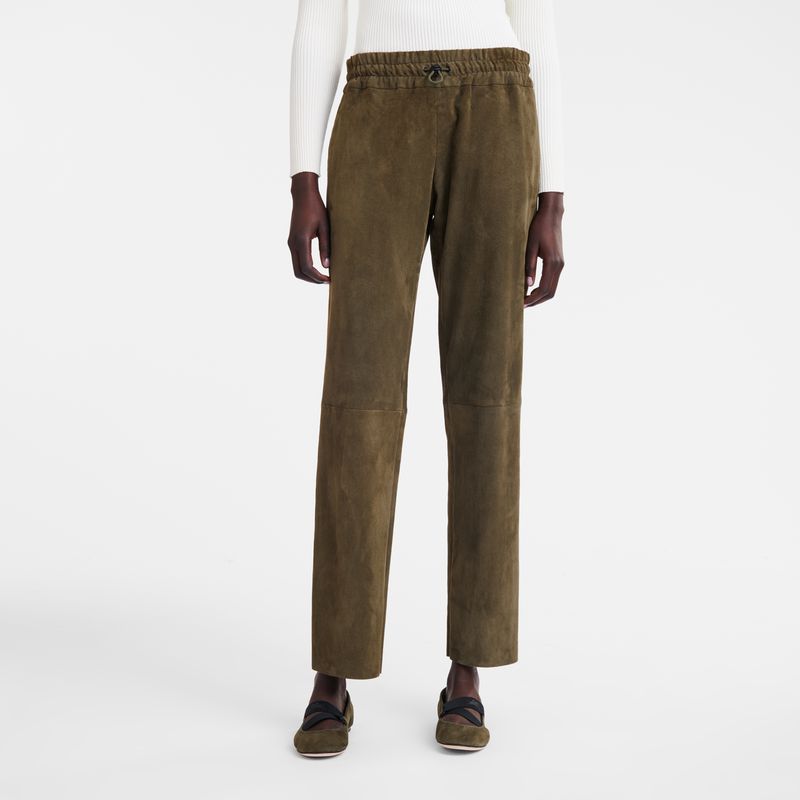 Women Longchamp Leather Straight Pants Khaki | Thailand-170VSPUJY