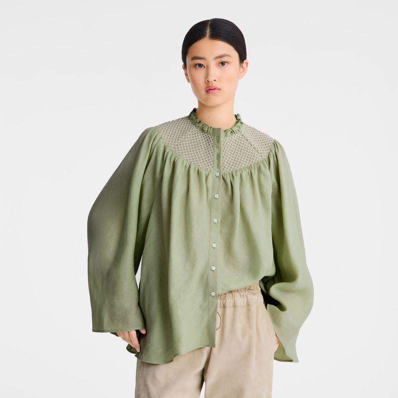 Women Longchamp Smocked Veil Blouse Green | Thailand-017CMJKIN