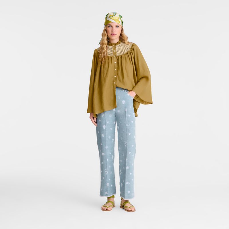 Women Longchamp Smocked Veil Blouse Olive | Thailand-376QAKUVX