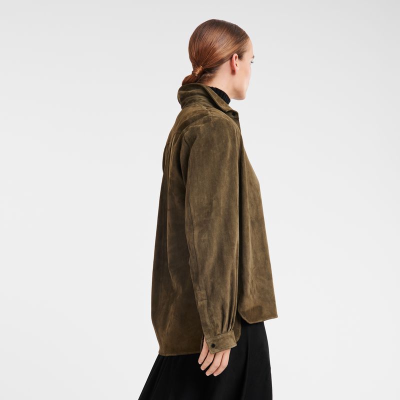 Women Longchamp Straight Leather Shirts Khaki | Thailand-583MTAJGF