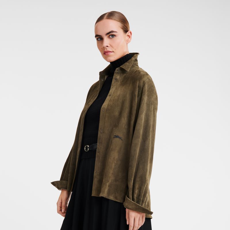 Women Longchamp Straight Leather Shirts Khaki | Thailand-583MTAJGF