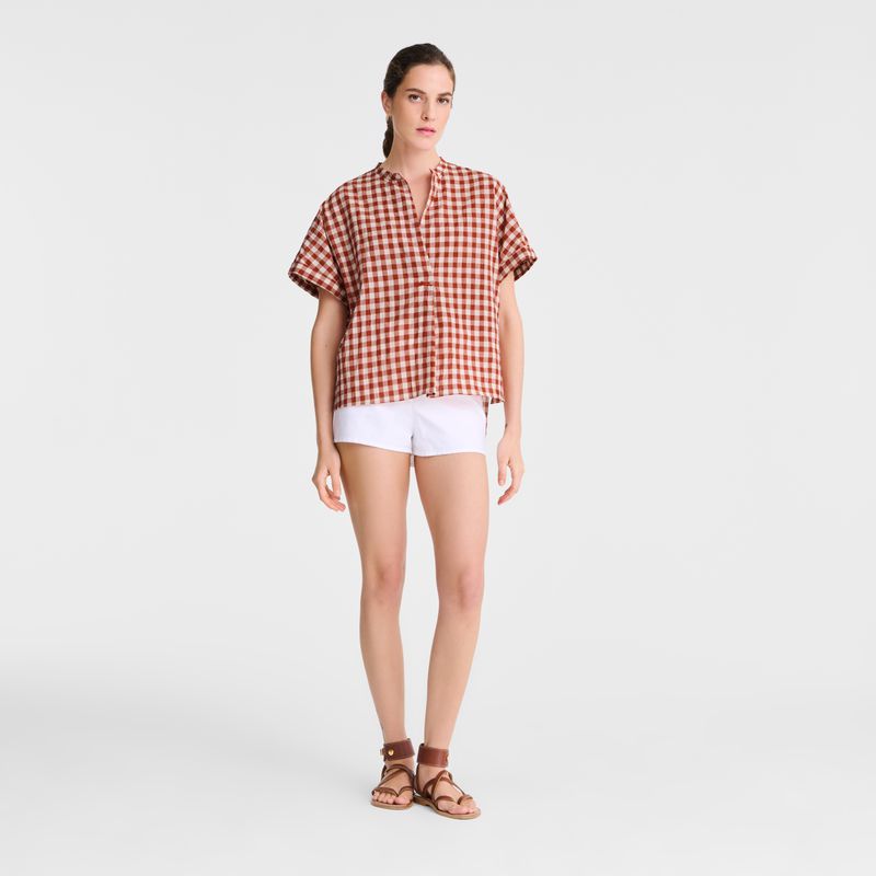 Women Longchamp Vichy Jacquard Blouse Coral / White | Thailand-576QZCIEG