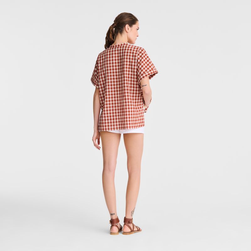 Women Longchamp Vichy Jacquard Blouse Coral / White | Thailand-576QZCIEG