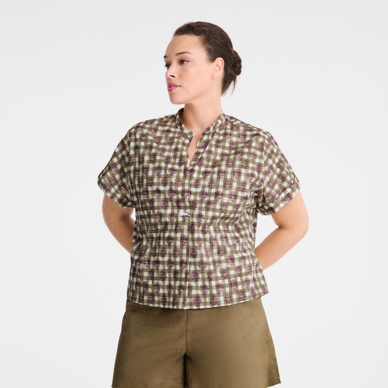 Women Longchamp Vichy Print Veil Blouse Olive | Thailand-172GMJRVC