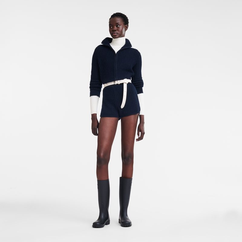Women Longchamp Zip Collar Short Cardigan Navy | Thailand-251ZAOUHC
